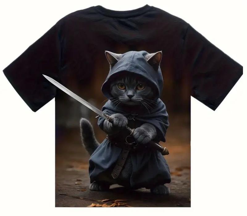 Breathable Men 3D Cat Graphic Tee 